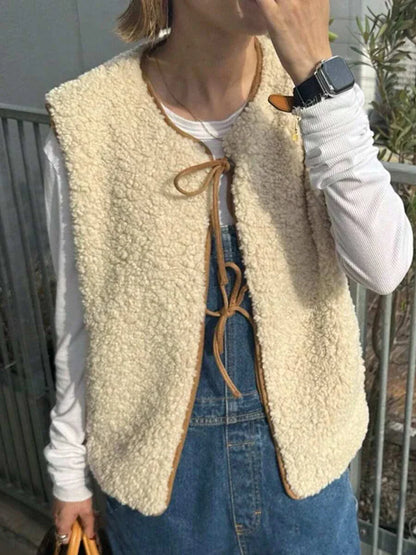Winter New Solid Fleece Vest Jacket Women 2025 Round Neck Lace-up Sleeveless Jackets Simple Casual Fashion Waistcoat Outerwear