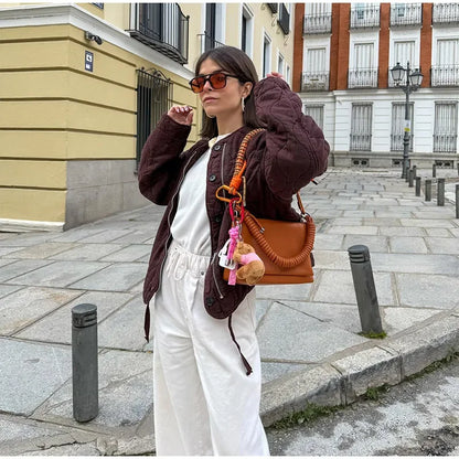 Casual Quilted Padded Jackets Women's Faionable Loose Round Neck Long Sleeve Zipper Cropped Length Outerwear Winter New