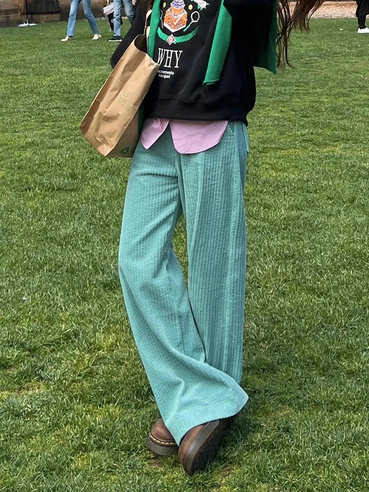 Women Striped Corduroy Wide Pants Plain High Rise Straight Loose Casual Draped Long Trousers Korean Vintage Autumn Clothes