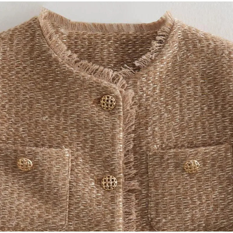 Fashion O-neck Pockets Short Coats For Women Autumn Long Sleeve Single Breasted Tweed Jacket New Chic Cropped Coats Female