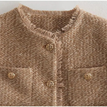 Fashion O-neck Pockets Short Coats For Women Autumn Long Sleeve Single Breasted Tweed Jacket New Chic Cropped Coats Female