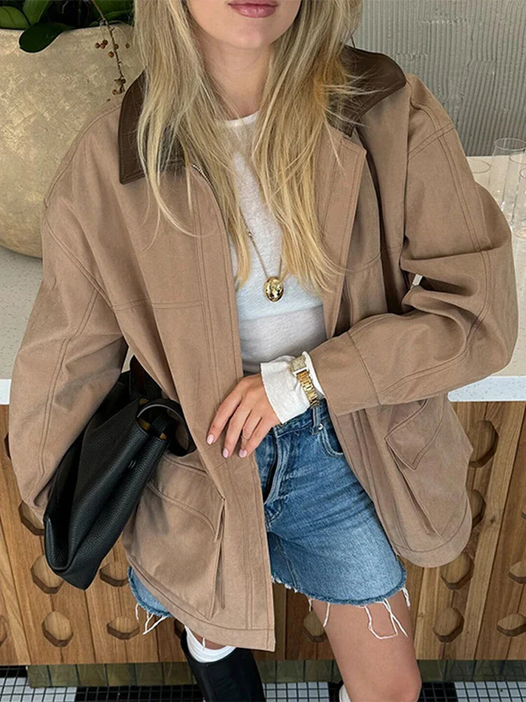 Casual Leather Lapel Jackets Women Vintage Khaki Zipper Pockets Jacket Coat Female Autumn Winter Chic High Street Outwear