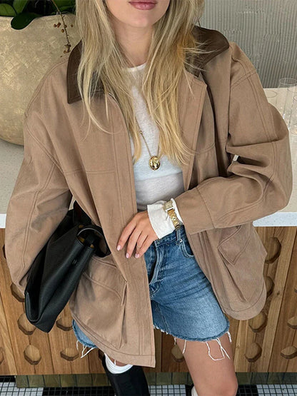 Casual Leather Lapel Jackets Women Vintage Khaki Zipper Pockets Jacket Coat Female Autumn Winter Chic High Street Outwear