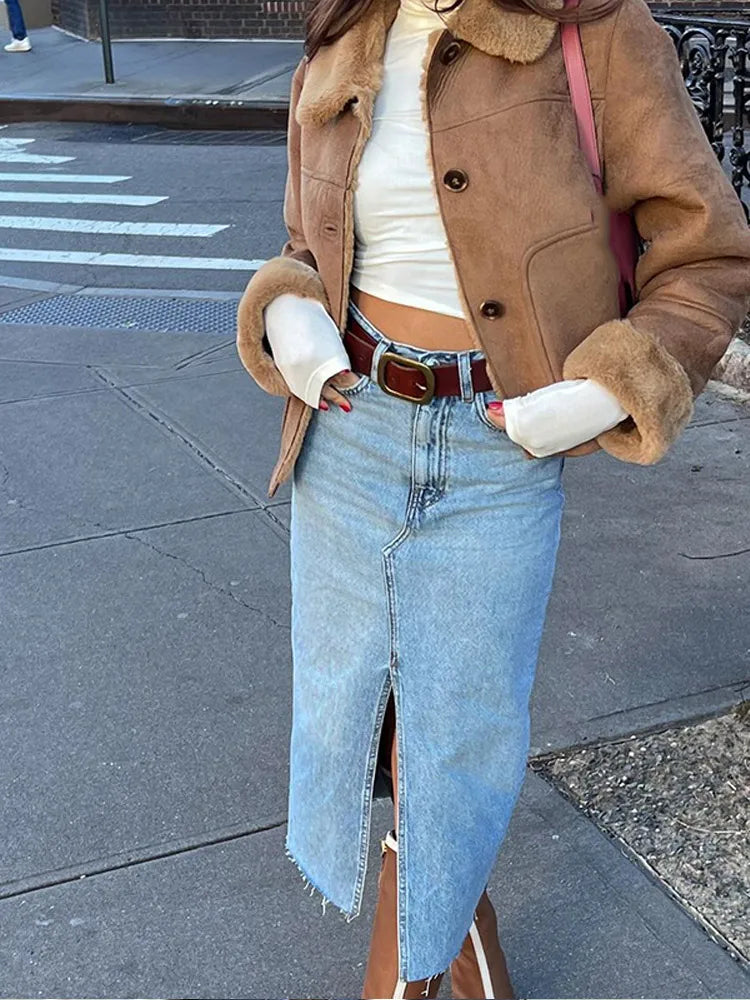 Solid Color Elegant Thicken Lapel Short Jacket Winter New Woman Single Breasted With Pockets Coat High Street Outerwear