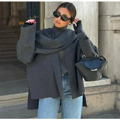 Fashion Asymmetric Scarf Knitted Jacket Women O Neck Single Button Side Slit Solid Loose Coat Winter New Female Chic Outerwear