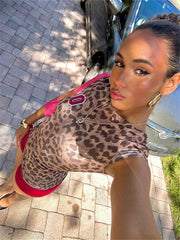 Summer Leopard Print Patchwork 2 Piece Tracksuit Vacation Casual For Women 2024 Short Sleeve Bodycon Crop Tops Shorts Set