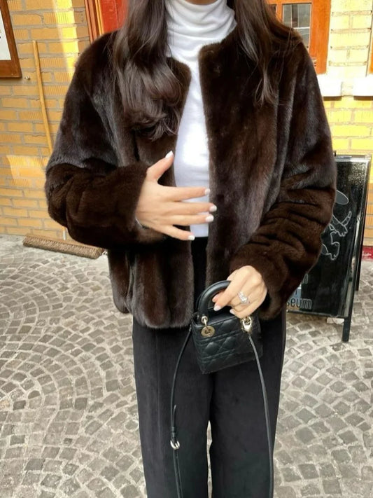 Women Dark Brown Fashion Faux Fur Cropped Coat Elegant O-neck Buckles Long Sleeve Warm Jacket Lady Fall Winter Chic Streetwear