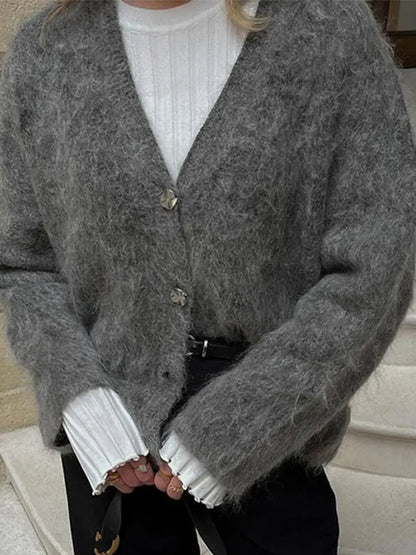 Knitted Cardigans Women Single Breasted Chic V-neck Loose Long Sleeve Sweater Winter Gray All-match Coat Tops