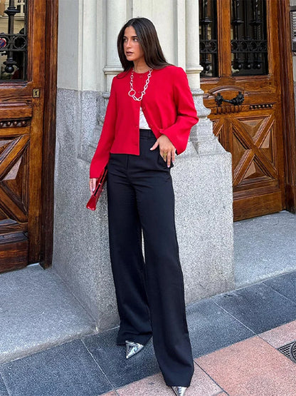 Elegant Slim Fit Women's Jacket Round Neck Single Breasted Long Sleeve Short Jackets Fashion Solid Color Casual Coat Outerwears