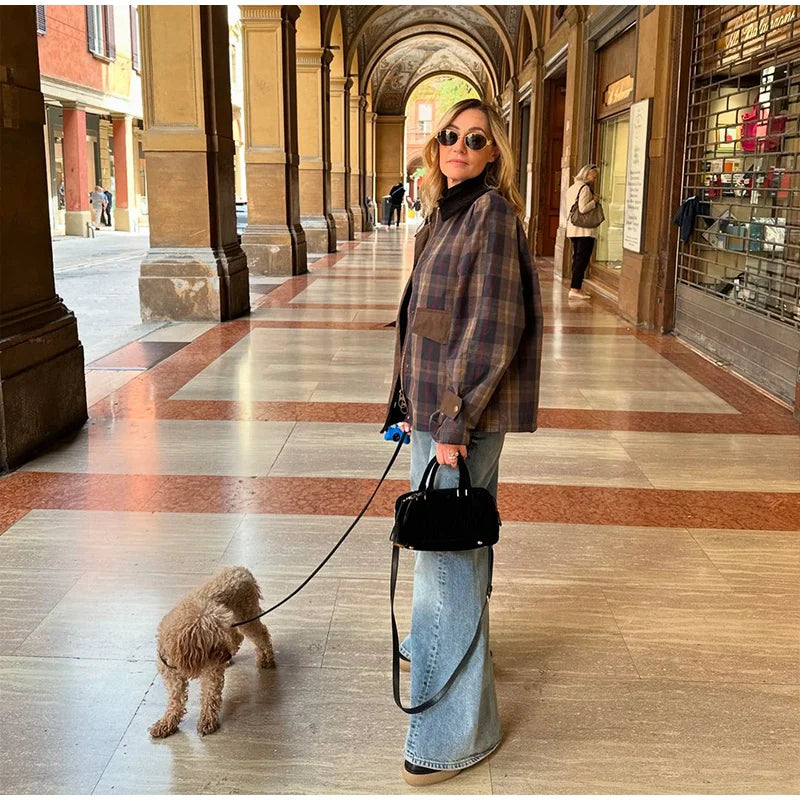 Vintage Plaid Printed Women Jacket Patchwork Turn Down Collar Single Breasted Female Coat Autumn Long Sleeve Zipper Outwear