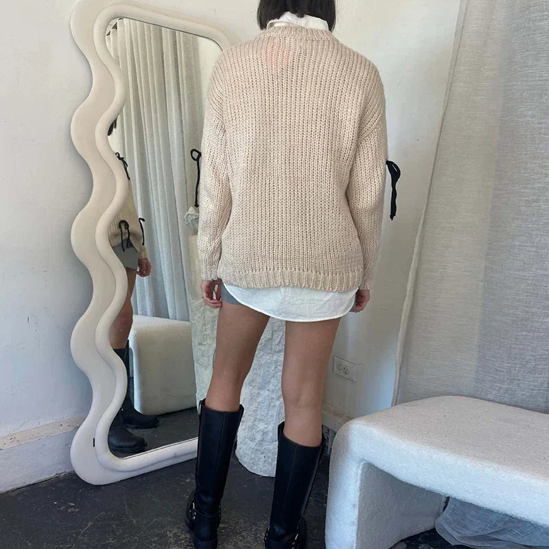 Women Fashion Lace-up Bowknot Sweater Autumn Elegant Round Neck Top Pullover Winter Long Sleeve Loose Streetwear Jumper Harajuku