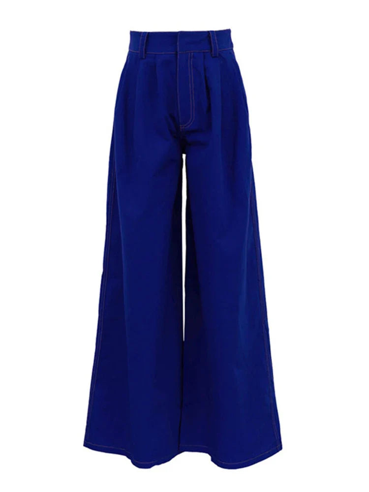 Wide Leg Fashion Pleated Pants For Women Loose High Waist Straight Striped Blue Street Pants Female 2025 Spring Street Trousers