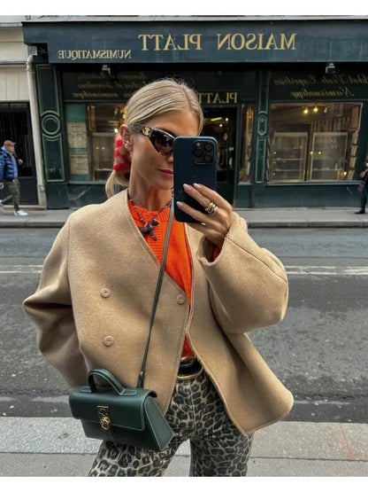 Women V-neck Khaki Thicken Wool Jacket Autumn Winter Chic Loose Blend Coat Female Streetwear Warm Outfit Coats for Women