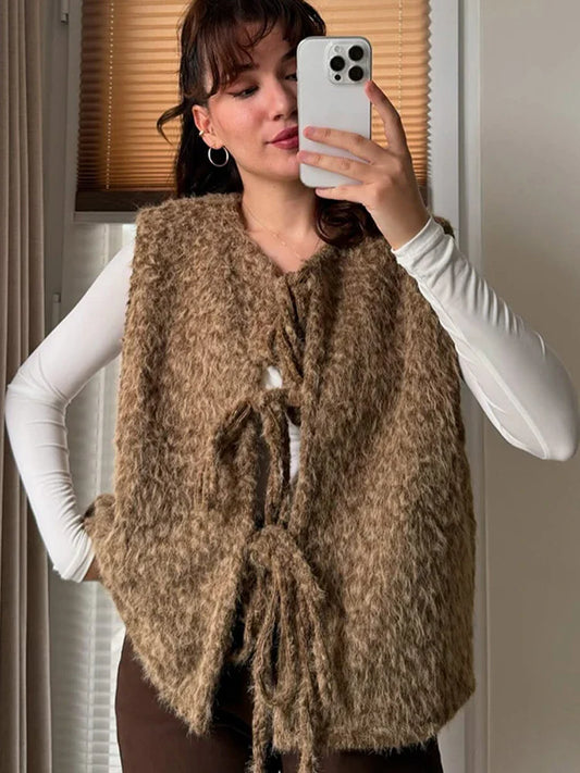 Bow Tied Vests Women Round Neck Short Casual Sleeveless Vest Jacket Woman Waistcoat Streetwear New Women Outerwear 2025 Spring