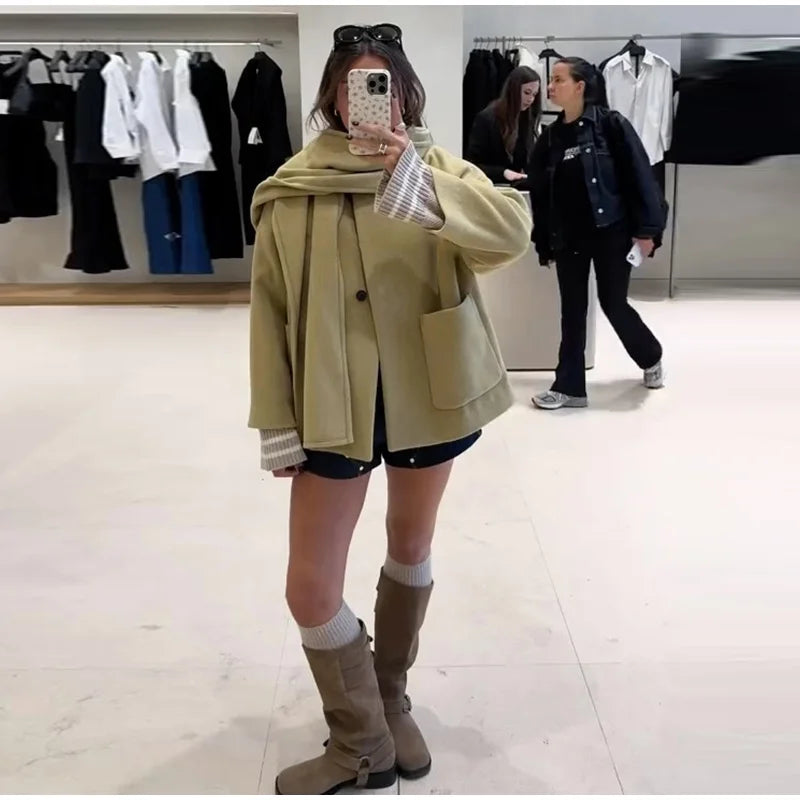 Woolen Scarf Collar Casual Coat Women Single Breasted Elegant Thicken Warm Pocket Loose Solid Jacket Winter Long Sleeve Outwear