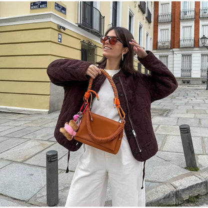 Casual Quilted Padded Jackets Women's Faionable Loose Round Neck Long Sleeve Zipper Cropped Length Outerwear Winter New