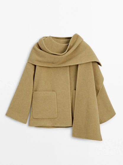Woolen Scarf Collar Casual Coat Women Single Breasted Elegant Thicken Warm Pocket Loose Solid Jacket Winter Long Sleeve Outwear