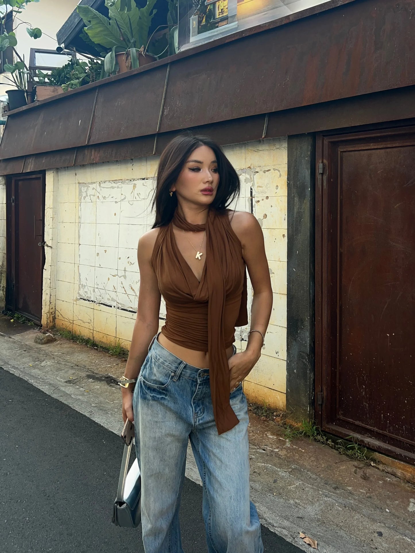 Women Sleeveless Tie Neck Plain Top JERSEY TOP WITH BOW Ruched V-neck Knot Detail Tank Top