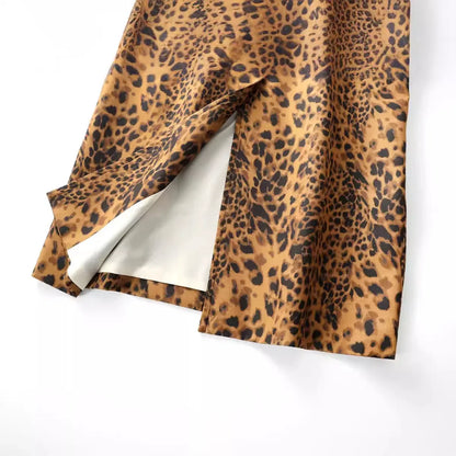 Woman Coat Long Sleeves Hidden Buckle Leopard Print Lapel Loose Long Overcoat Vintage Pocket Female Coats Street Trench