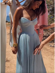 TAVIMART  -  Sexy Strapless Women Pleated Maxi Dress Fashion Solid Backless High Waist Dresses 2024 Summer Lady Sleeveless Party Evening Robe