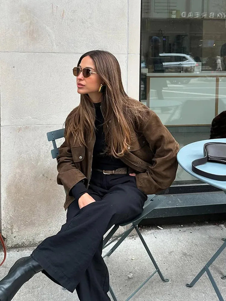 Zipper Suede Cargo Jacket Coat Button Lapel Maillard Slimming Workwear Leather Jackets Casual Short Outwear Commute Overcoat