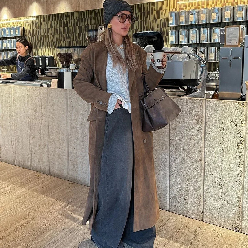 Casual Solid Long Women Streetwear Long Sleeve Turn-down Collar Double Breasted Female Coat 2025 Autumn Fashion Lady Jacket New