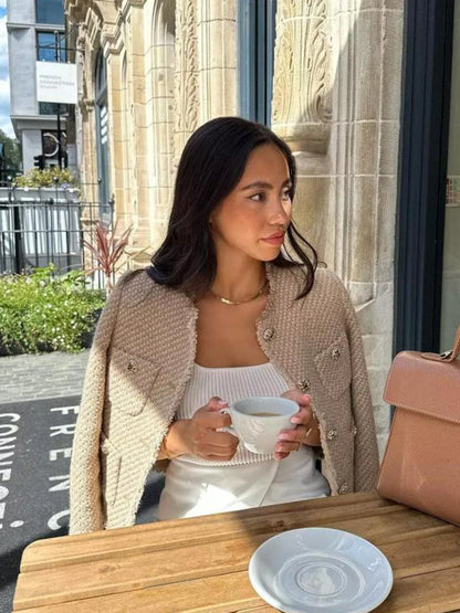 Fashion O-neck Pockets Short Coats For Women Autumn Long Sleeve Single Breasted Tweed Jacket New Chic Cropped Coats Female