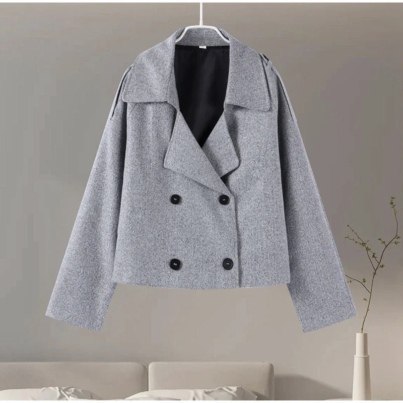 Elegant Single Breasted Woolen Women Coat Loose Lapel Long Sleeve Female Short Jacket Autumn Winter New Grey Lady Outwear