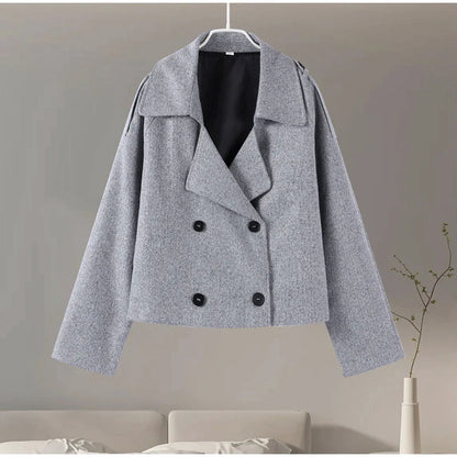 Elegant Single Breasted Woolen Women Coat Loose Lapel Long Sleeve Female Short Jacket Autumn Winter New Grey Lady Outwear