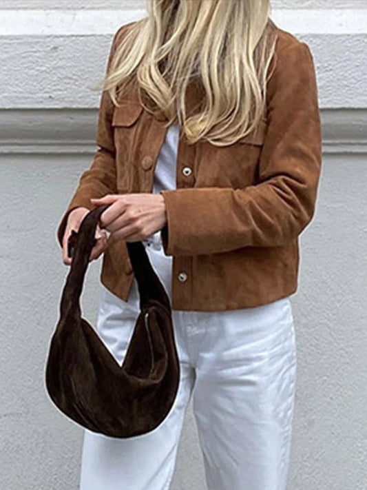Suede Short Women's Jacket Vintage Solid Color Lapel Jackets with Pocket Single Breasted Casual Women Coat Autumn Classic Coats