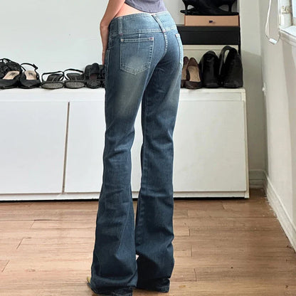 Y2K Low Waist Flare Jeans Vintage High Street Casual Denim Trousers Korean Fashion Slim Lady Trumpet Pants Spring