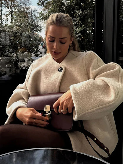 Chic One Button O-neck Woolen Coats For Women Fashion Long Sleeve Cropped Oversized Jackets Lady High Street Outerwear New