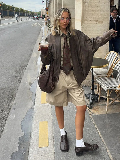 Vintage New Solid Color Lapel Women's Jackets Fashion Pocket Long Sleeved Zipper Coats Office Commuting Ladies Streetwears