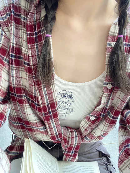 Vintage Red Plaid Button Blouse Top Autumn Cotton Turn Down Collar Casual Long Sleeve Shirt Streetwear Loose Y2K Tees Coat Women