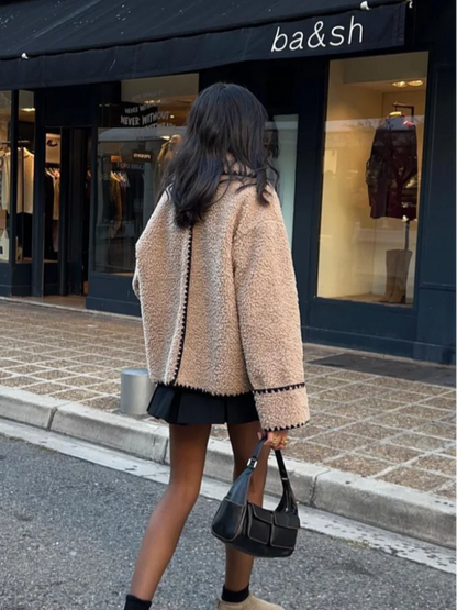 Women Contrasting One Button Lamb Woolen Coat Fashion Lapel Long Sleeves Short Plush Jacket Autumn Casual Lady Street Outwear