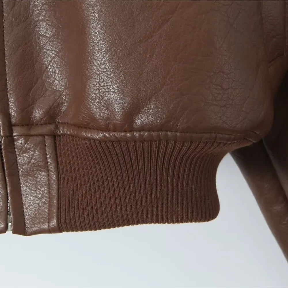 American Retro Women Rib V neck PU Leather Jacket Street Full Sleeve Zipper Bomber Quilted Coat High Waist Short Outerwear