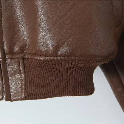 American Retro Women Rib V neck PU Leather Jacket Street Full Sleeve Zipper Bomber Quilted Coat High Waist Short Outerwear