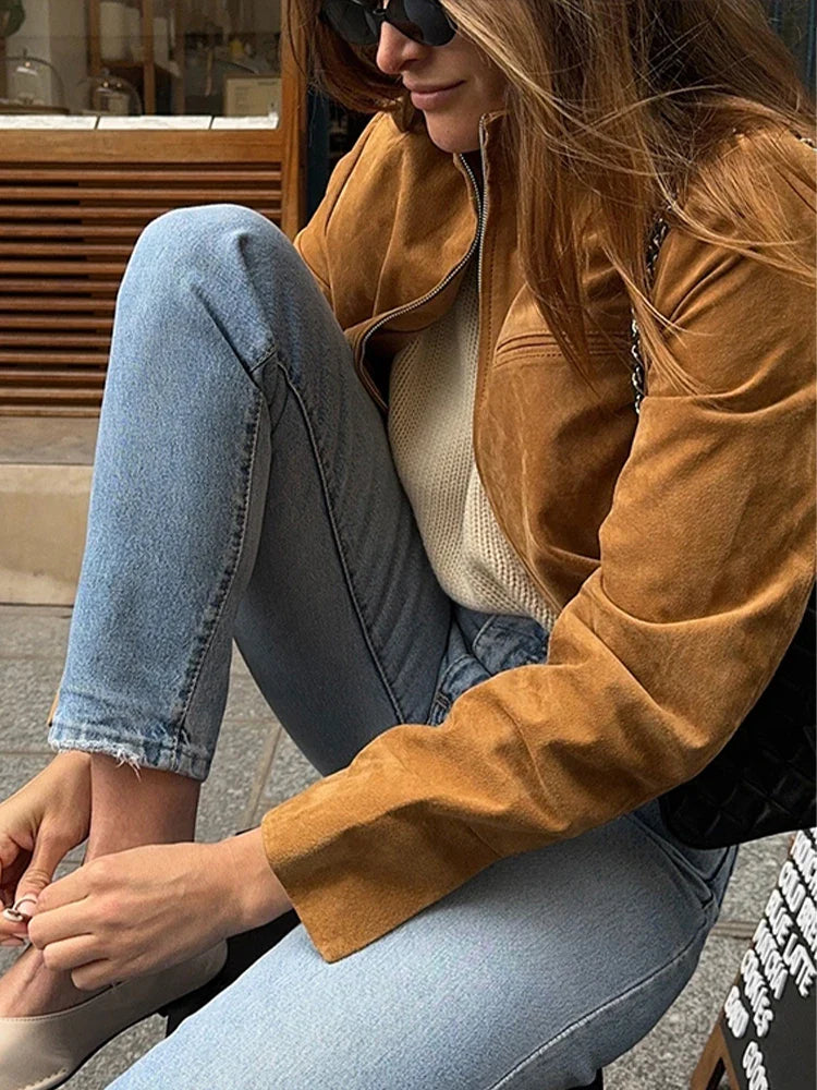 Stand Collar Suede Leather Jacket Coat Zipper Retro Long Sleeved Casual Biker Jackets Loose Fashion Front Shoulder Short Outwear