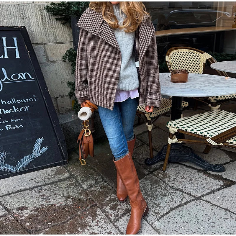 Plaid Double Breasted Street Coat Women Drop-shoulder Long Sleeve Stand Collar Loose Pocket Casual Jacket 2025 Autumn Outwear