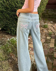 Bow Embroidered Wide Leg Jeans High Waisted Casual Women's Straight Leg Pants