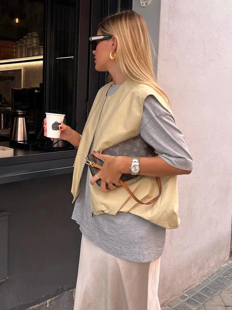 Padded Beige Waistcoat Folds Winter Sleeveless Vest Coat Turtleneck Pockets Zipper Autumn Thick Warm Parka Jacket