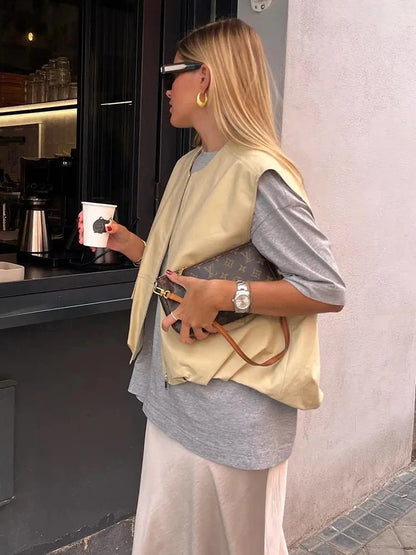 Padded Beige Waistcoat Folds Winter Sleeveless Vest Coat Turtleneck Pockets Zipper Autumn Thick Warm Parka Jacket