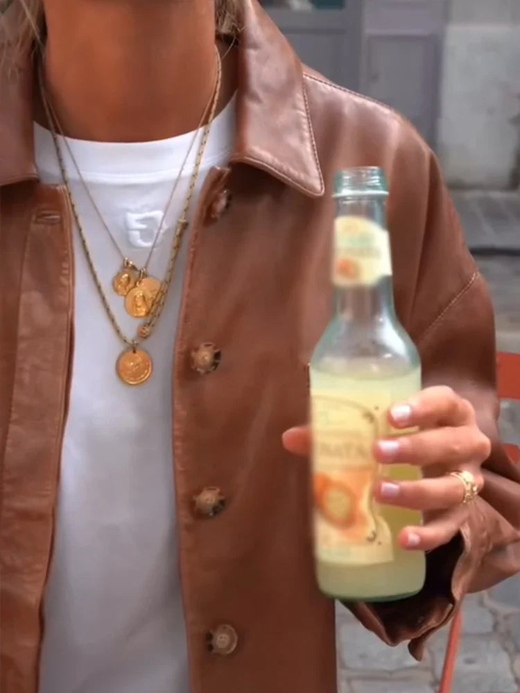 Casual Solid Women Leather Jackets Turn Down Collar Single Breasted Pockets Female Loose Coats Autumn New Chic Lady Outwear