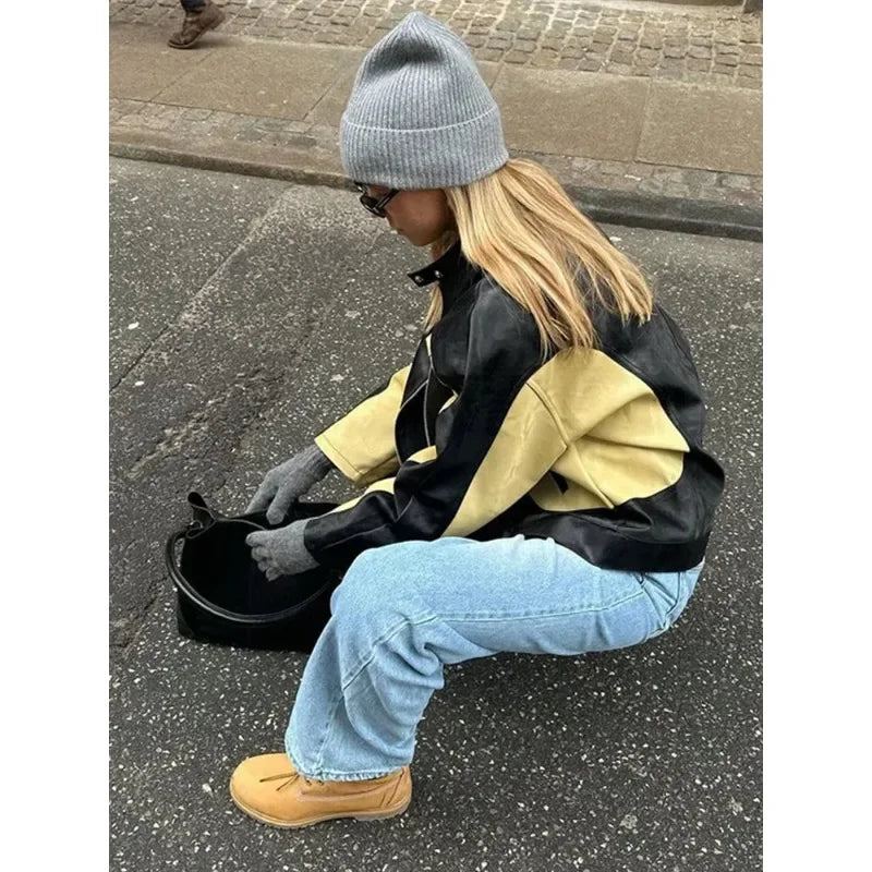 Vintage Patchwork Women's Leather Jacket Loose O-neck Long Sleeve Zipper Moto Biker Coats Autumn Lady Contrast Outwear Y2K