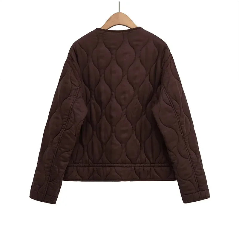 Casual Quilted Padded Jackets Women's Faionable Loose Round Neck Long Sleeve Zipper Cropped Length Outerwear Winter New