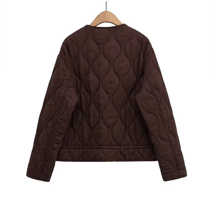 Casual Quilted Padded Jackets Women's Faionable Loose Round Neck Long Sleeve Zipper Cropped Length Outerwear Winter New