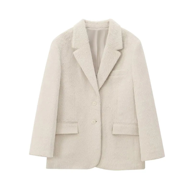 Furry Woolen Oversize Blazer Coat Women Turn-down Collar Button Up Thicken Warm Outwear Winter Long Sleeve Jacket Tops