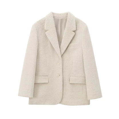 Furry Woolen Oversize Blazer Coat Women Turn-down Collar Button Up Thicken Warm Outwear Winter Long Sleeve Jacket Tops