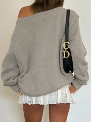 Vintage Off Shoulder Printed Letter Sweater Loose Chic Y2k Aesthetic Slash Neck Pullover Harajuku Long Sleeve Knitwear