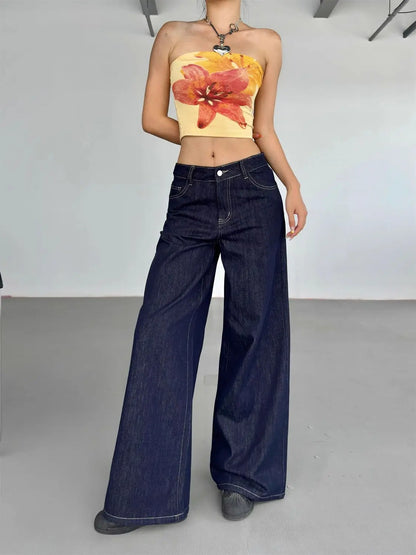 Y2k Vintage Blue Jeans Woman America Retro Baggy Harajuku Casual Denim Pants Korean Style Wide Leg High Waist Trousers